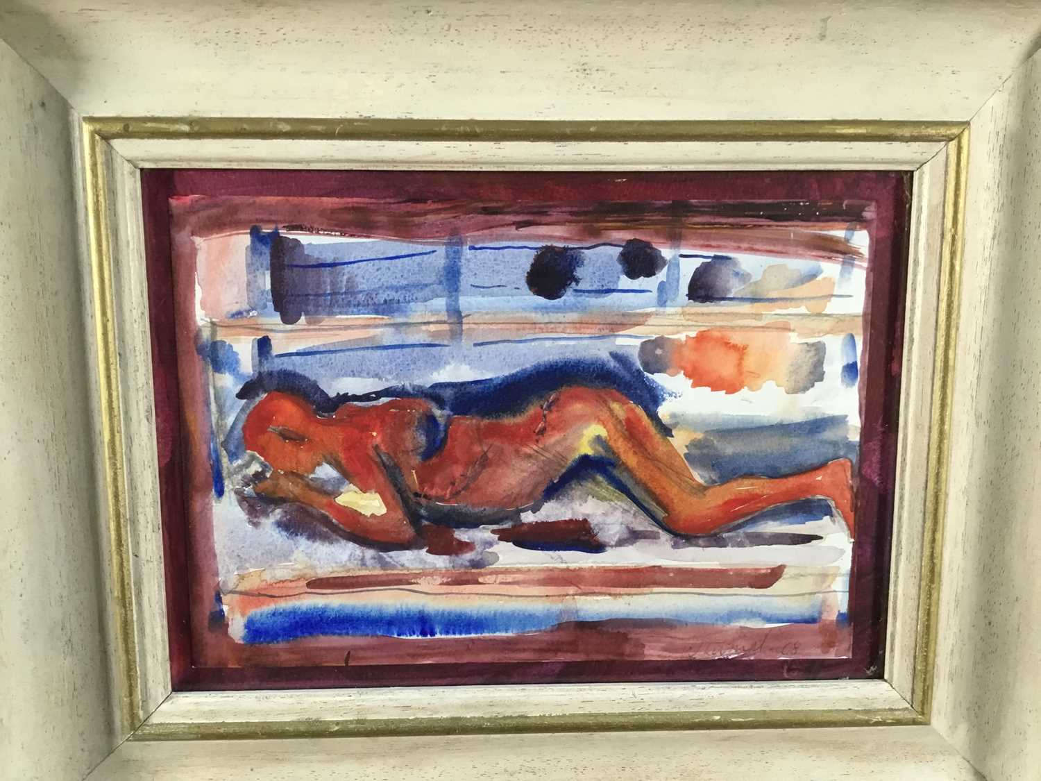 Lot 187 - Contemporary watercolour painting of a reclining nude, indistinctly signed, framed and glazed