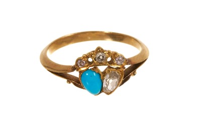 Lot 580 - Victorian sweetheart ring with turquoise and diamond hearts surmounted by a diamond crown on carved gold scroll shoulders on tapered gold shank