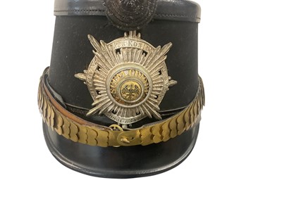 Lot 823 - Imperial German Garde Jäger Battalion Officers Shako with black felt and leather body, silvered and enamelled Garde star badge, gilt brass chin scales, silver bullion and green velvet cockade, o...