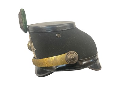 Lot 823 - Imperial German Garde Jäger Battalion Officers Shako with black felt and leather body, silvered and enamelled Garde star badge, gilt brass chin scales, silver bullion and green velvet cockade, o...