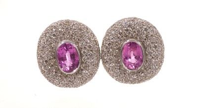 Lot 661 - Pair of diamond and pink sapphire earrings