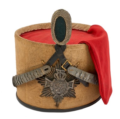 Lot 721 - Scarce Imperial German Saxony Reserve Officers ersatz busby with canvas covered body, silvered and gilt two part helmet plate, silvered chin scales, silver bullion and red felt bag and original...
