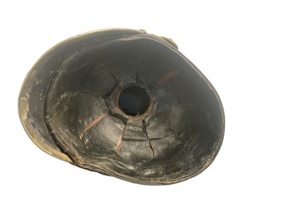 Lot 826 - Imperial German Uhlan NCO's Lance cap with black leather body, red and white piped cloth top, silvered eagle helmet plate , gilt brass chin scales and original black leather liner, Provenance...