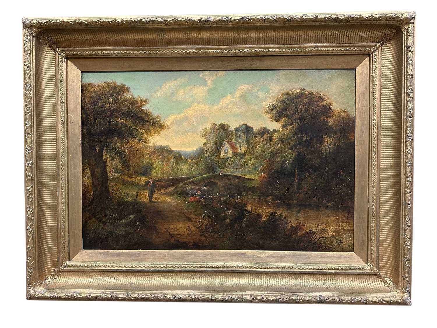 Lot 148 - George Cole, 19th century, oil on canvas - extensive landscape with figures and bridge, signed, 51cm x 77cm, in gilt frame