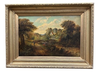 Lot 1298 - George Cole, 19th century, oil on canvas - extensive landscape with figures and bridge, signed, 51cm x 77cm, in gilt frame