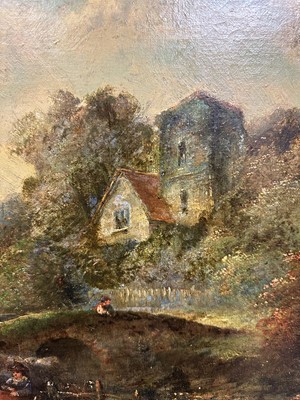 Lot 148 - George Cole, 19th century, oil on canvas - extensive landscape with figures and bridge, signed, 51cm x 77cm, in gilt frame
