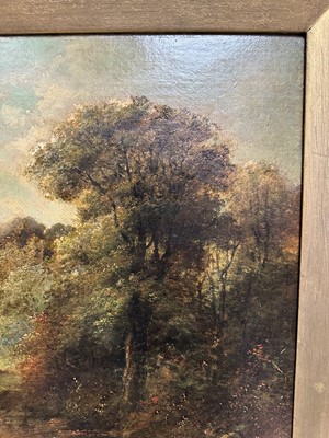 Lot 148 - George Cole, 19th century, oil on canvas - extensive landscape with figures and bridge, signed, 51cm x 77cm, in gilt frame