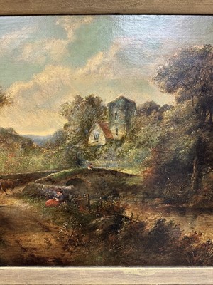 Lot 148 - George Cole, 19th century, oil on canvas - extensive landscape with figures and bridge, signed, 51cm x 77cm, in gilt frame