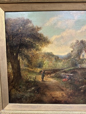 Lot 148 - George Cole, 19th century, oil on canvas - extensive landscape with figures and bridge, signed, 51cm x 77cm, in gilt frame