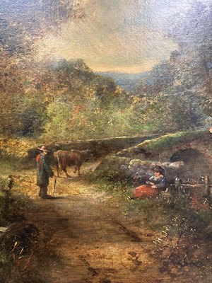 Lot 148 - George Cole, 19th century, oil on canvas - extensive landscape with figures and bridge, signed, 51cm x 77cm, in gilt frame