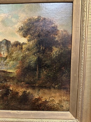Lot 148 - George Cole, 19th century, oil on canvas - extensive landscape with figures and bridge, signed, 51cm x 77cm, in gilt frame