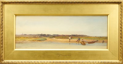 Lot 1330 - James Aumonier (1832-1911) watercolour -Aldeburgh, signed and dated 1876, 21cm x 59cm, in original gilt frame