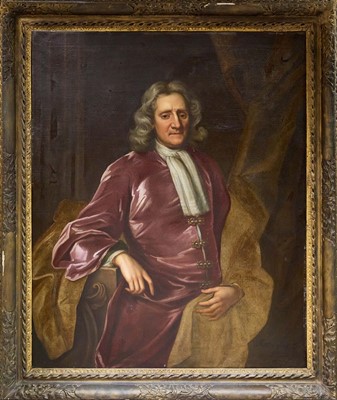 Lot 1254 - Manner of Godfrey Kneller, oil on canvas, three-quarter length portrait of a Gentleman in puce coat, dated 1705, in period carved gilt frame
