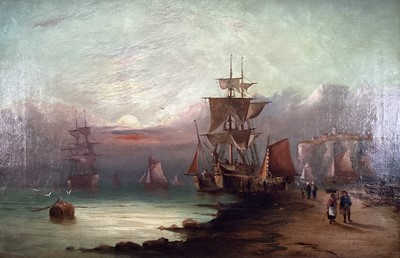 Lot 303 - English School, 19th century, oil on canvas - Shipping off the Coast, 51cm x 76cm, in gilt frame