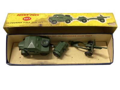 Lot 2015 - Dinky Supertoys diecast 20-Ton Lorry-Mounted Coles Crane, boxed No.972 & Elevator Loader, boxed No.964, plus Military models including 25-Pounder Field Gun Set No.697, boxed and other loose...