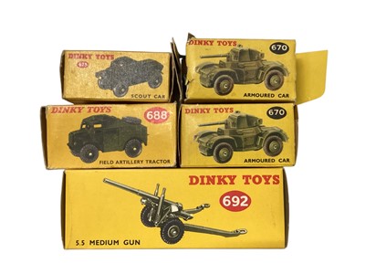 Lot 2015 - Dinky Supertoys diecast 20-Ton Lorry-Mounted Coles Crane, boxed No.972 & Elevator Loader, boxed No.964, plus Military models including 25-Pounder Field Gun Set No.697, boxed and other loose...