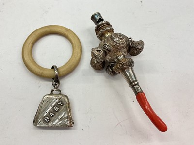Lot 15 - Victorian baby's rattle with coral teether, maker George Unite, together with a silver mounted teething ring