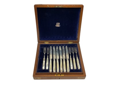 Lot 306 - Cased set of twelve pairs Victorian silver fruit Knives and forks with mother of pearl handles