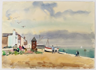 Lot 1106 - Jean Dryden Alexander (1911-1994) watercolour - 'Morning on the Shore, Aldeburgh', signed, dated 1984 verso and titled, 27.5cm x 37.5cm, unframed