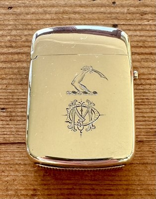 Lot 140 - Victorian silver vesta case with engraved crest, MD monogram and 'Oct.27, 1880' and sprung catch ( London 1879) 50 x 36mm