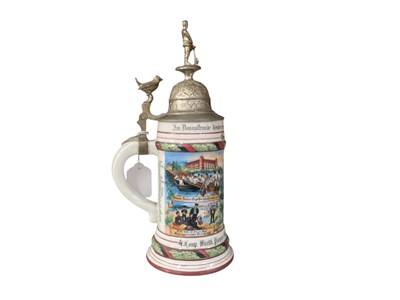 Lot 846 - Imperial German military porcelain stein with hinged pewter lid with sailor and bird mounts, transfer and painted military decoration named to ' Geftr.Ditting, 4 Comp. Wurttb.Pionier Batallon Nr...