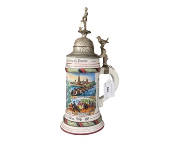 Lot 846 - Imperial German military porcelain stein with hinged pewter lid with sailor and bird mounts, transfer and painted military decoration named to ' Geftr.Ditting, 4 Comp. Wurttb.Pionier Batallon Nr...