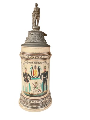 Lot 848 - Imperial German military pottery stein with hinged pewter lid with soldier and eagle mounts, hand painted military decoration named to ' Karl Krause, Comp Kon. Eli's. Garde Gren. Reg.No.3, Charl...