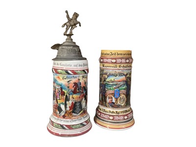 Lot 850 - Two Imperial German military porcelain steins, one with hinged pewter lid with mounted cavalry man and eagle mounts, transfer and painted military decoration named to ' with lithophane moulded s...