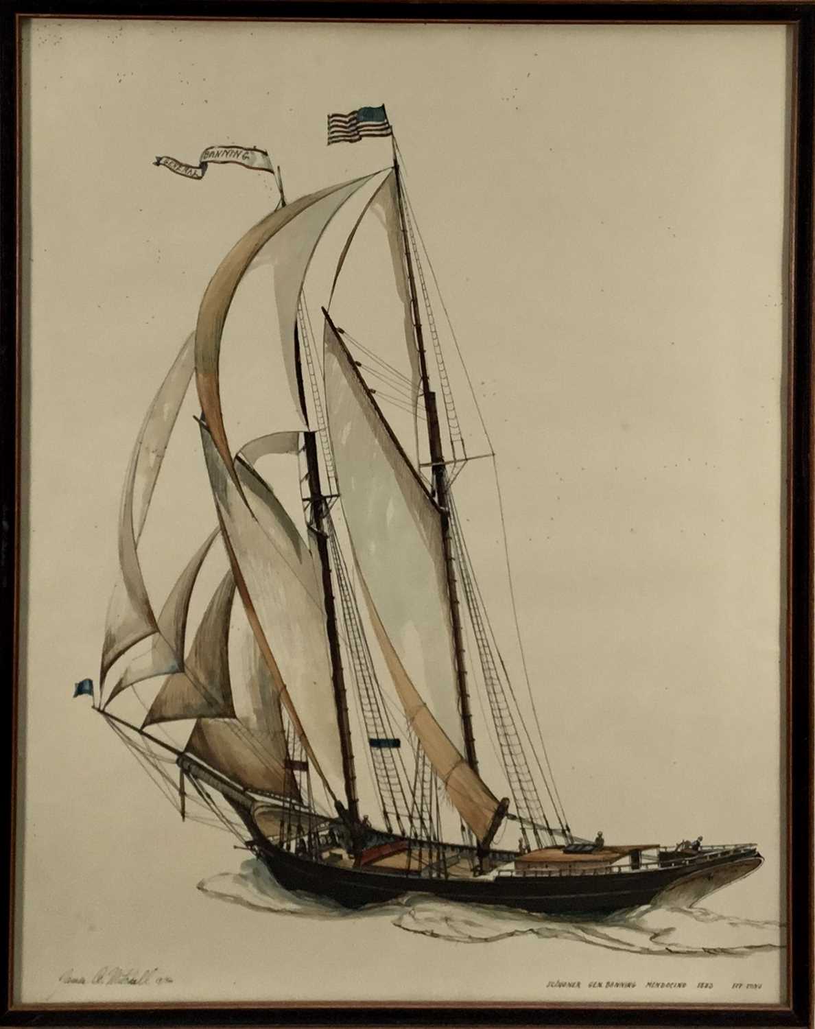 Lot 175 - James Archibald Mitchell: a limited edition coloured lithograph print ‘Schooner Gen.Banning Mendocino 1883 177 Tons’, 19/500, 70cm x 55cm, framed and glazed