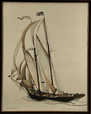Lot 175 - James Archibald Mitchell: a limited edition coloured lithograph print ‘Schooner Gen.Banning Mendocino 1883 177 Tons’, 19/500, 70cm x 55cm, framed and glazed
