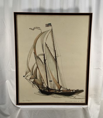 Lot 175 - James Archibald Mitchell: a limited edition coloured lithograph print ‘Schooner Gen.Banning Mendocino 1883 177 Tons’, 19/500, 70cm x 55cm, framed and glazed