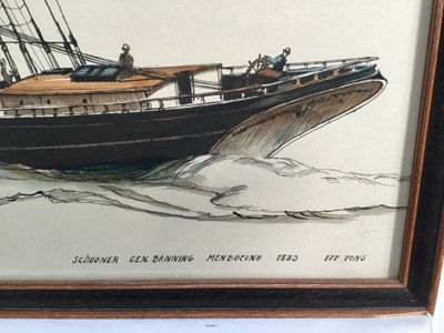 Lot 175 - James Archibald Mitchell: a limited edition coloured lithograph print ‘Schooner Gen.Banning Mendocino 1883 177 Tons’, 19/500, 70cm x 55cm, framed and glazed