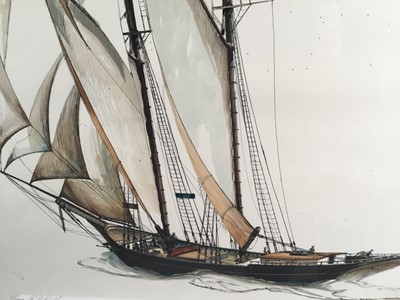 Lot 175 - James Archibald Mitchell: a limited edition coloured lithograph print ‘Schooner Gen.Banning Mendocino 1883 177 Tons’, 19/500, 70cm x 55cm, framed and glazed