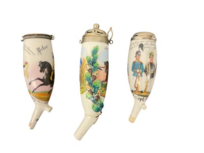 Lot 852 - Three Imperial German military porcelain Stummel pipe bowls each decorated with military figures and Regimental details (3)
