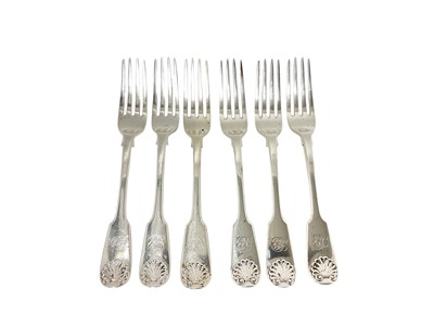Lot 427 - Set of six Victorian silver fiddle and shell pattern forks