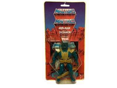 Lot 1705 - Mattel (c1985) Masters of the Universe & maitres de L'Univers dual logo Oceanor 6" action figure, on card (crumpled corners) and bubblepack No.5046, plus two related items (3)
