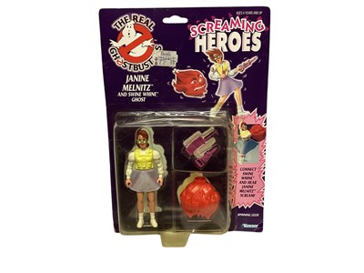 Lot 1709 - Kenner (c1986) The Real Ghostbusters Screaming Heroes Janine Melnitz and Swine Whine Ghost, plus Entertech Spitballs (Stay-Puft Man, Ecto-1, Slimer & Ghostbuster), all on card with bubblepac...