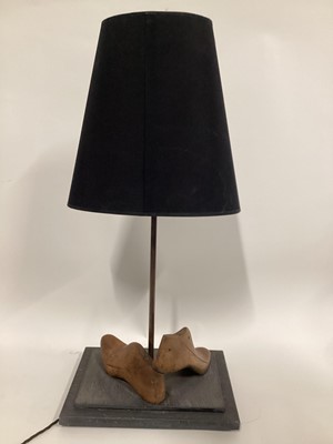 Lot 30 - Twin Cobblers Shoe Laths lamp with tapered cone shade, 52cm without shade, 77cm with shade, on 26cm x 36cm base