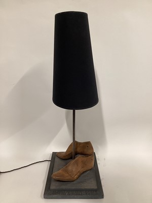 Lot 30 - Twin Cobblers Shoe Laths lamp with tapered cone shade, 52cm without shade, 77cm with shade, on 26cm x 36cm base