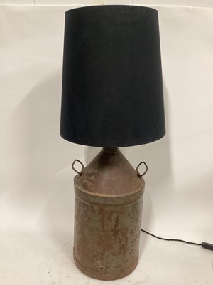 Lot 2647 - Large Paraffin can lamp with large cone shade, 97cm high with shade, base of can 30cm diameter