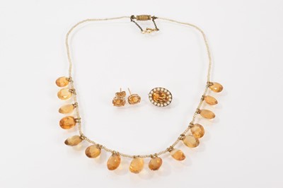 Lot 605 - Victorian citrine and seed pearl fringe necklace, similar brooch and a pair of citrine earrings