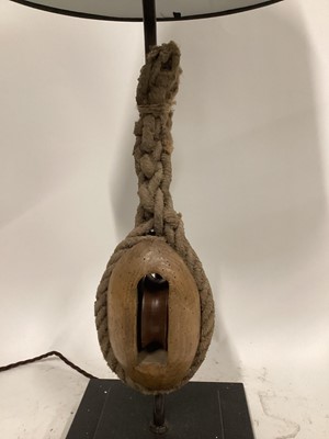 Lot 87 - Block lamp with cone shade, 90cm high with shade, on 23cm square base