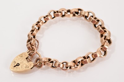 Lot 630 - 9ct gold belcher link bracelet with engraved padlock clasp