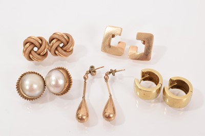 Lot 636 - Four pairs of 9ct gold earrings including a pair of mabé pearl studs