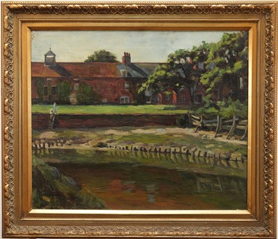 Lot 1309 - Manner of Sir Alfred Munnings (1878-1959) oil on canvas - Riverside Buildings, bearing signature, 51cm x 61cm, in gilt frame