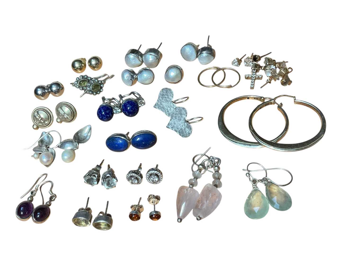 Lot 46 - Collection of mostly silver gem set earrings including a pair of silver gilt hoops, lapis lazuli studs, silver hearts etc
