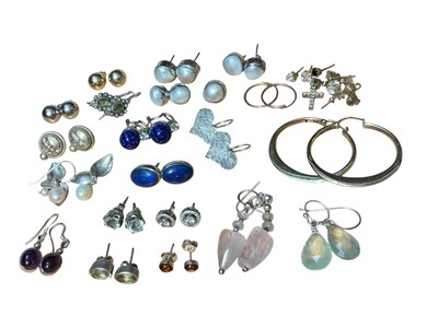 Lot 46 - Collection of mostly silver gem set earrings including a pair of silver gilt hoops, lapis lazuli studs, silver hearts etc