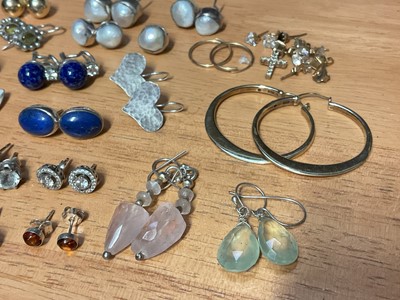 Lot 46 - Collection of mostly silver gem set earrings including a pair of silver gilt hoops, lapis lazuli studs, silver hearts etc
