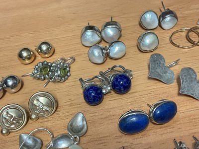 Lot 46 - Collection of mostly silver gem set earrings including a pair of silver gilt hoops, lapis lazuli studs, silver hearts etc