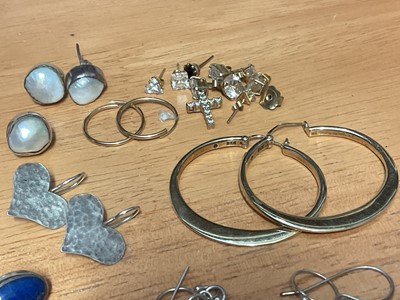 Lot 46 - Collection of mostly silver gem set earrings including a pair of silver gilt hoops, lapis lazuli studs, silver hearts etc